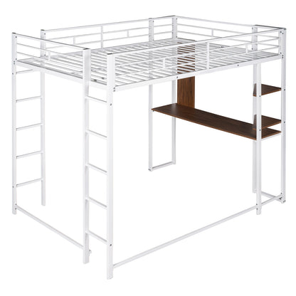 Full Size Metal Loft Bed With Desk, 2 Shelves, White - LP000191AAK
