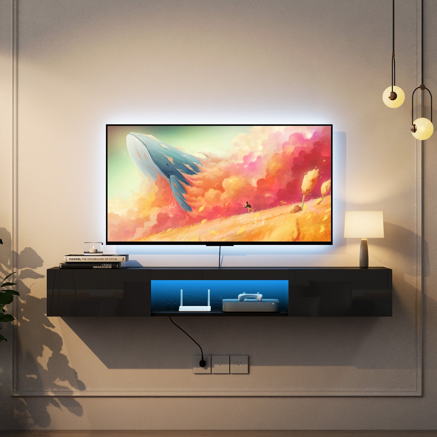 Floating TV Stand Wall Mounted With 16 Color LEDs Modern TV Stand, Floating TV Cabinet Entertainment Center For 55 60 65 Inch TV,Black