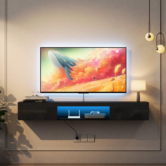Floating TV Stand Wall Mounted With 16 Color LEDs Modern TV Stand, Floating TV Cabinet Entertainment Center For 55 60 65 Inch TV,Black