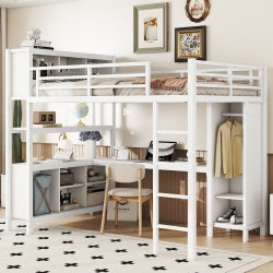Metal Loft Bed With Wardrobe And L-shaped Desk, Full Size Loft Bed With Storage Cubes And Shelves, Heavy Duty Loft Bed For Kids Teens Adults