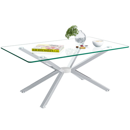 39.37  Rectangular Clear Tempered Glass Coffee Table,Stylish Design With Silver Metal Legs, Coffee Table For Living Room