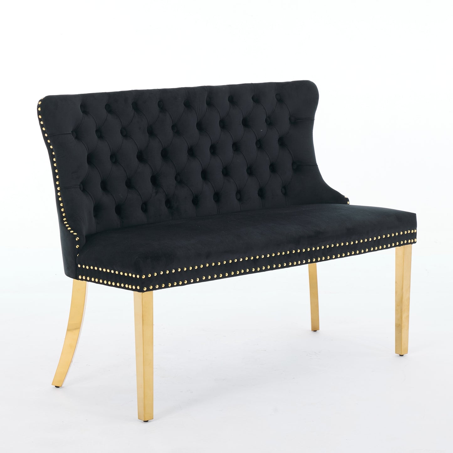 Velvet Double Dining Loveseat Bench, Kitchen & Dining Seating, 2-Seat Tufted Bench W  Handmade Buttons, Wing Back, Gold-Plated Steel Legs, Mid Century Modern,Single Pack,Black