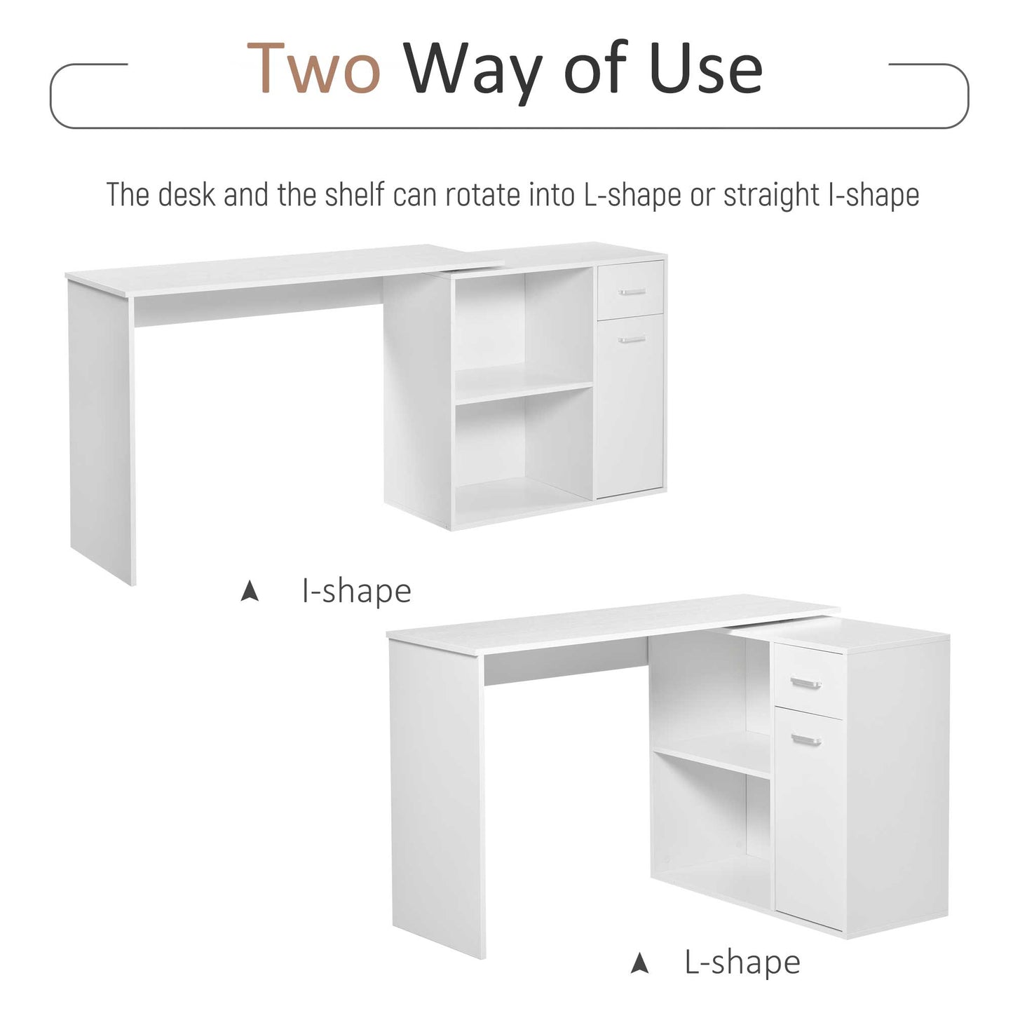 L Shaped Computer Desk, 180° Rotating Corner Desk with Storage Shelves, Drawer and Cabinet, Study Workstation for Home Office, White