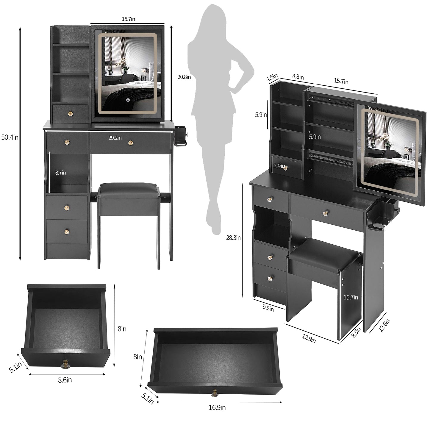 29.2 Small Size Drawer Desktop Vanity Table  Cushioned Stool, 2 AC-2 USB Power Station, Hair Dryer Bracket, Extra Large Touch Control Sliding LED Mirror, 3-color Switching, EPA, GCC, UL Certificate