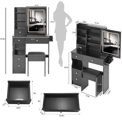 29.2 Small Size Drawer Desktop Vanity Table  Cushioned Stool, 2 AC-2 USB Power Station, Hair Dryer Bracket, Extra Large Touch Control Sliding LED Mirror, 3-color Switching, EPA, GCC, UL Certificate