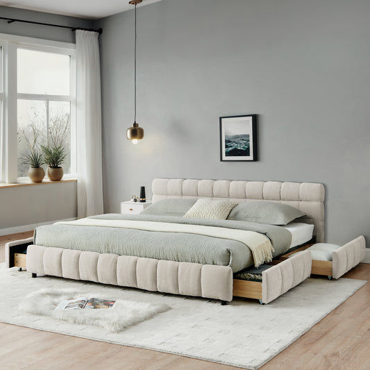 California King Size Upholstered Bed ,comfortable Upholstered Bed Frame, Chenille Fabric, With Headboard And Solid Bed Frame. With Drawer For Storage.-Beige 90.5x80.5x31