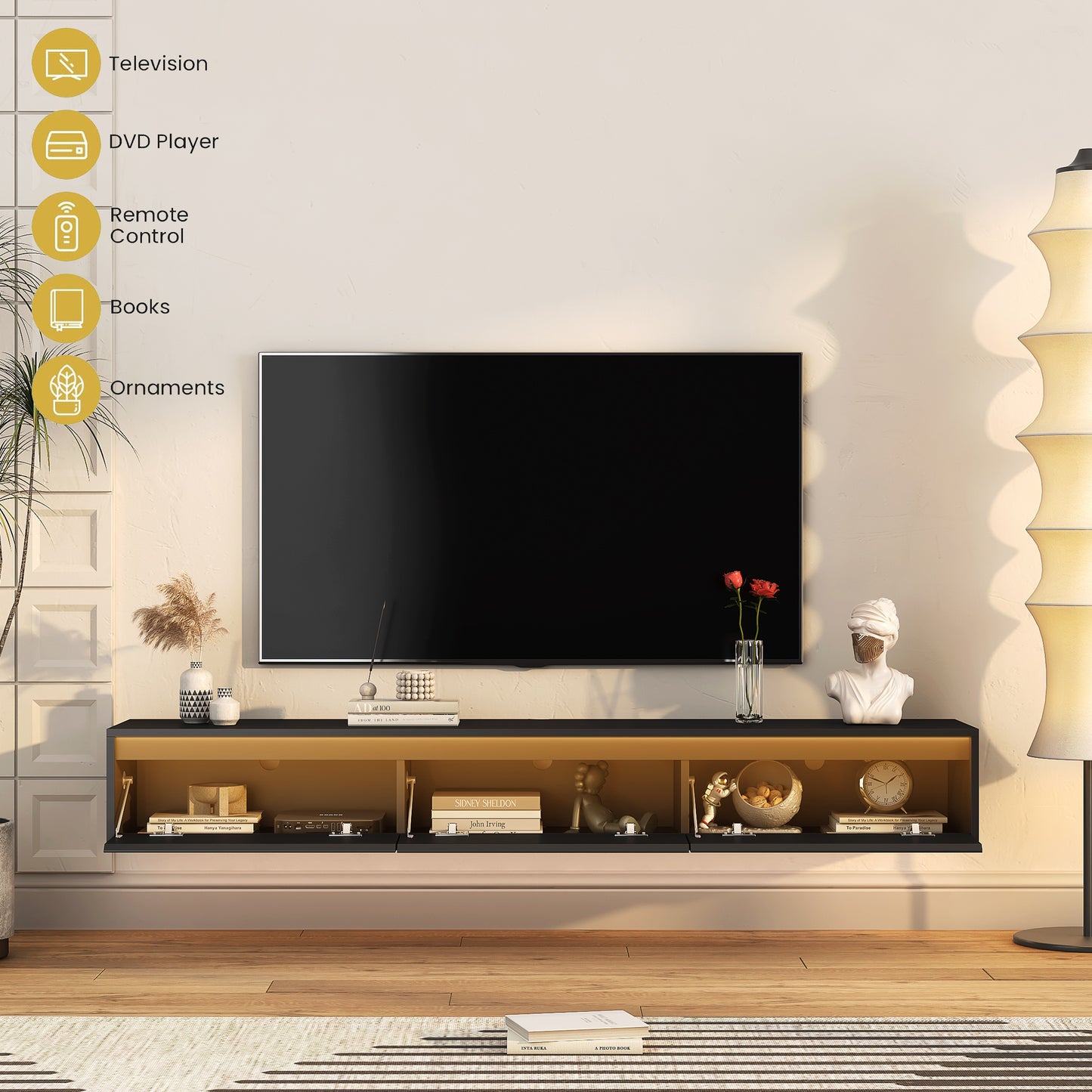 Floating TV Stand, Wall Mounted TV Shelf With Led Lights & Power Outlet,High Gloss TV Cabinet For Black Tv Stands For Living Room