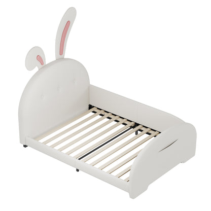 Twin Size Upholstered Rabbit-Shape Princess Bed ,Twin Size Platform Bed With Headboard And Footboard,White