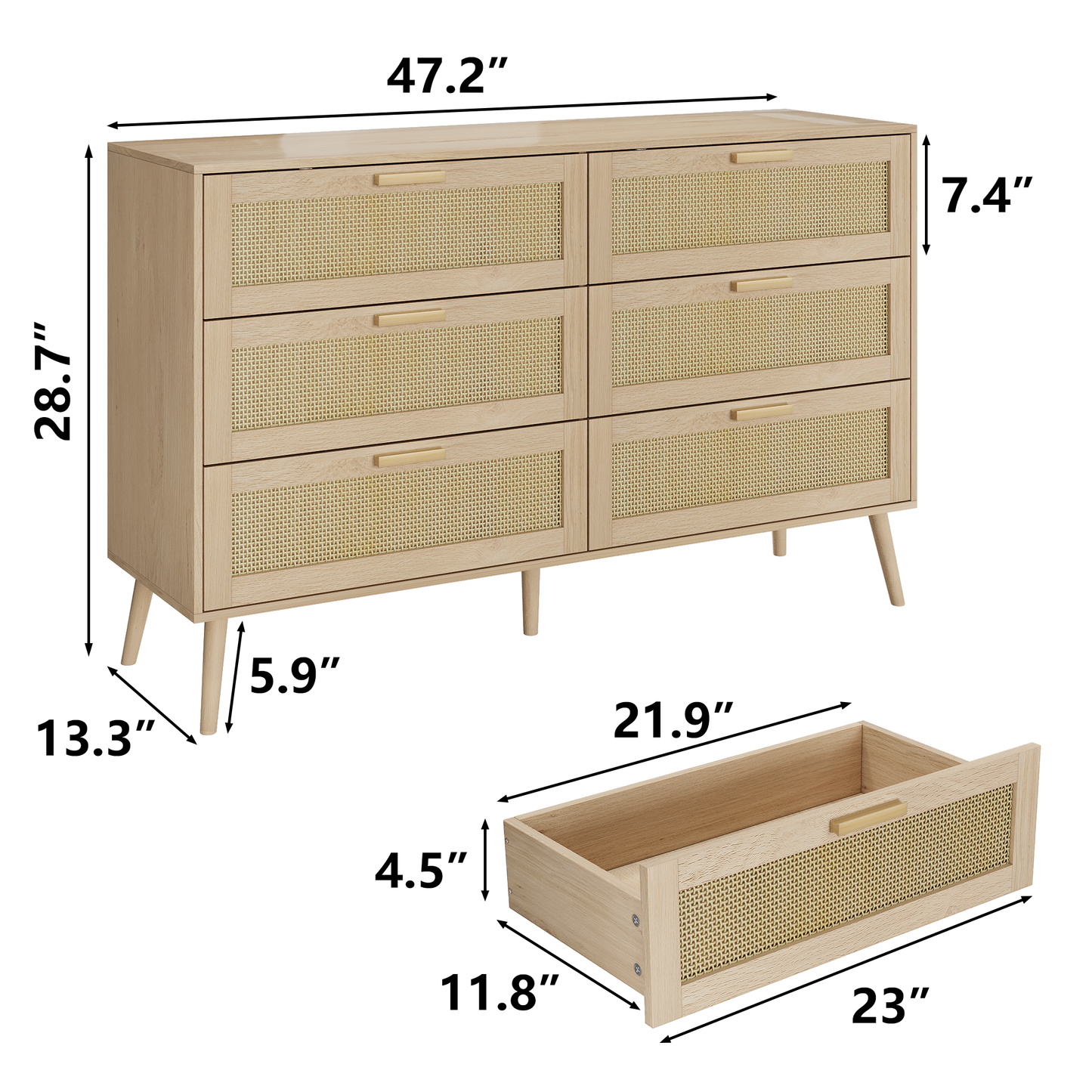 Rattan 6 Drawers  Chest  Of Dressers For Bedroom, Modern 6 Drawer Dresser, Wide Chest Of Drawers With Wood Handles,  Rattan Dresser Storage Cabinet For Living Room, Bedroom, Hallway