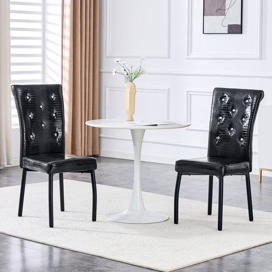 A Set Of 2 Black Vintage Crocodile Leather Cushioned Dining Chairs, Featuring Crystal Clasp Design And Artificial Leather Design, Adding A Touch Of Elegance And Mystery To The Dining Area