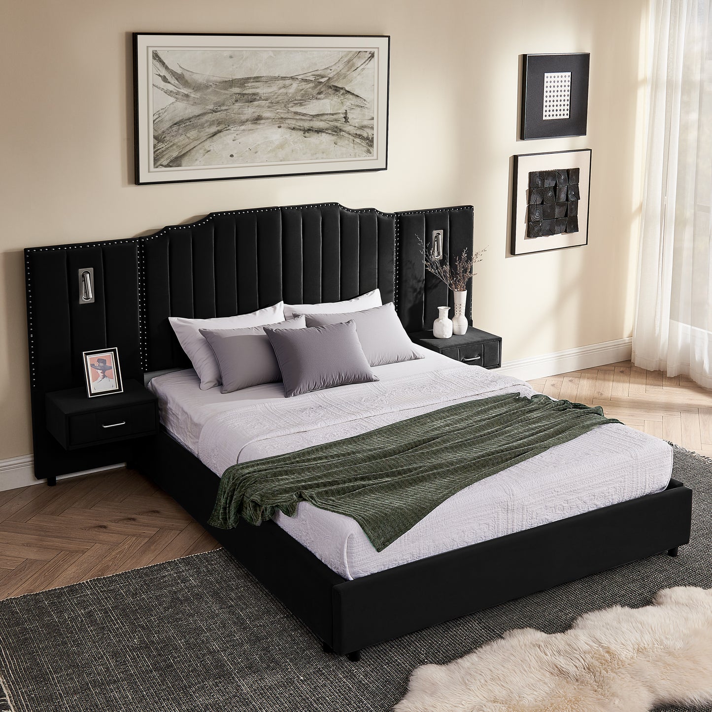 Queen Size Upholstered Bed Frame With Velvet Fabric, Vertical Stripe Design With Buttons Around  Platform Bed With Headboard, Solid Frame & Bedside Table - No Box Spring Needed-Black