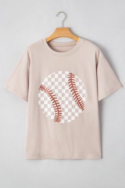 Contrast Checkered Baseball Graphic Round Neck Short Sleeve T-Shirt