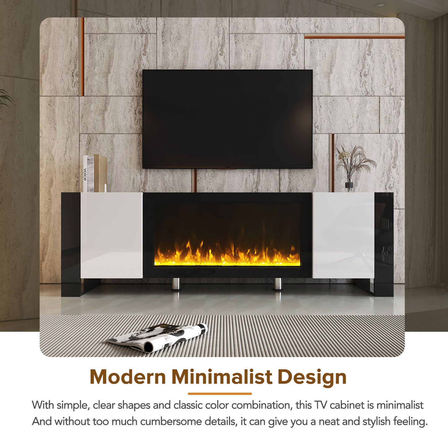 ON-TREND Modern TV Stand With 34.2 Non-heating Electric Fireplace, High Gloss Entertainment Center With 2 Cabinets, Media Console For TVs Up To 78, White