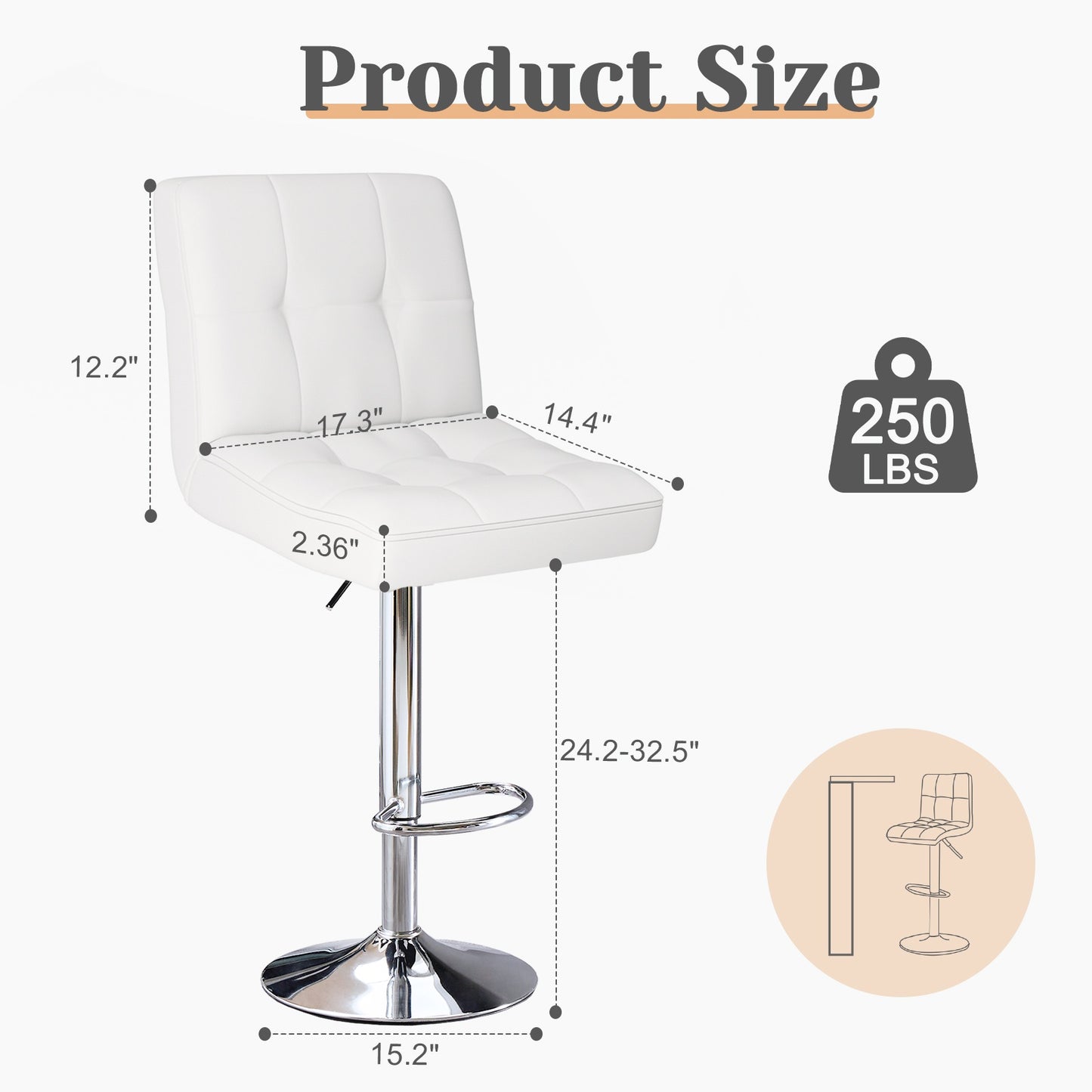 Bar Stools Set Of 4, Counter Height Barstools,Square Seat Cushion Barstool With Back, Height Adjustable PU Leather Swivel Barstool ,White