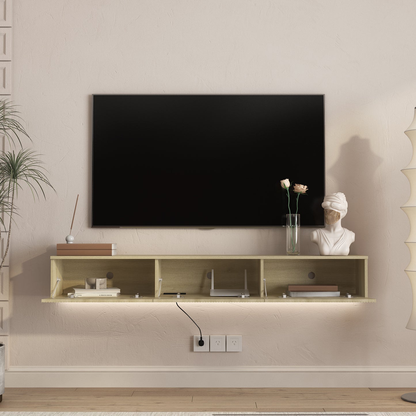 Floating TV Stand Wall Mounted With 16 Color LEDs,65inch Modern TV Stand, Floating TV Cabinet Entertainment Center For 55 60 65 Inch TV