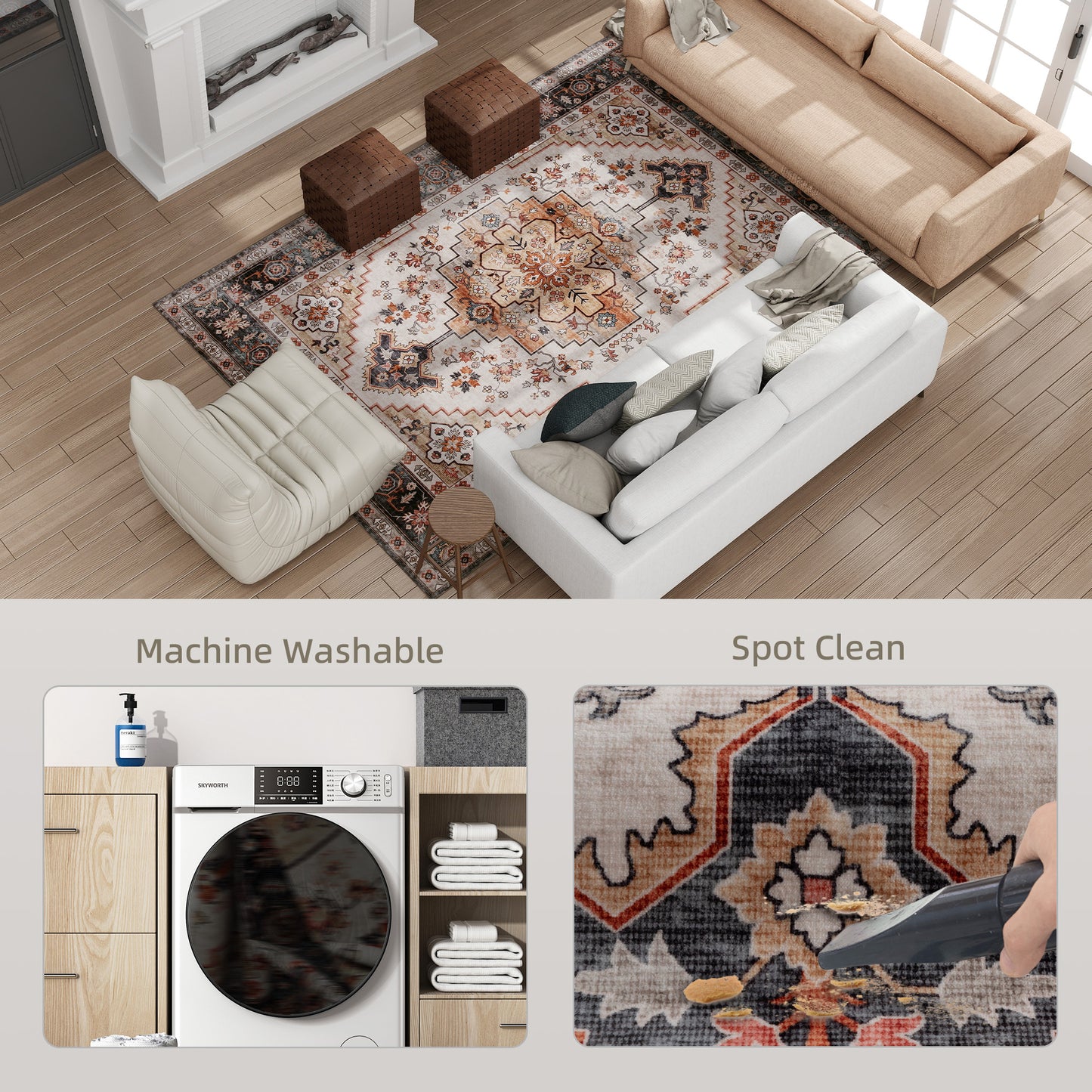 Area Rug 5x7, Machine Washable Rug, Non-Slip Boho Print Pattern Medallion Carpet For Living Room, Bedroom, Tawny Brown