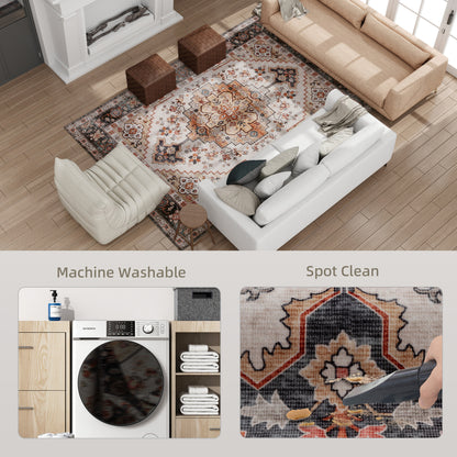 Area Rug 5x7, Machine Washable Rug, Non-Slip Boho Print Pattern Medallion Carpet For Living Room, Bedroom, Tawny Brown