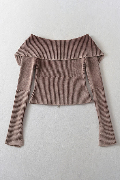 Back To School Sweater - Double Take Ribbed Off-Shoulder Zip Up Long Sleeve Cardigan