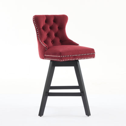 Swivel Velvet Barstools With Button Tufted Decoration And Wooden Legs, And Chrome Nailhead Trim, Leisure Style Bar Chairs,Bar Stools, Set Of 2 Wine Red