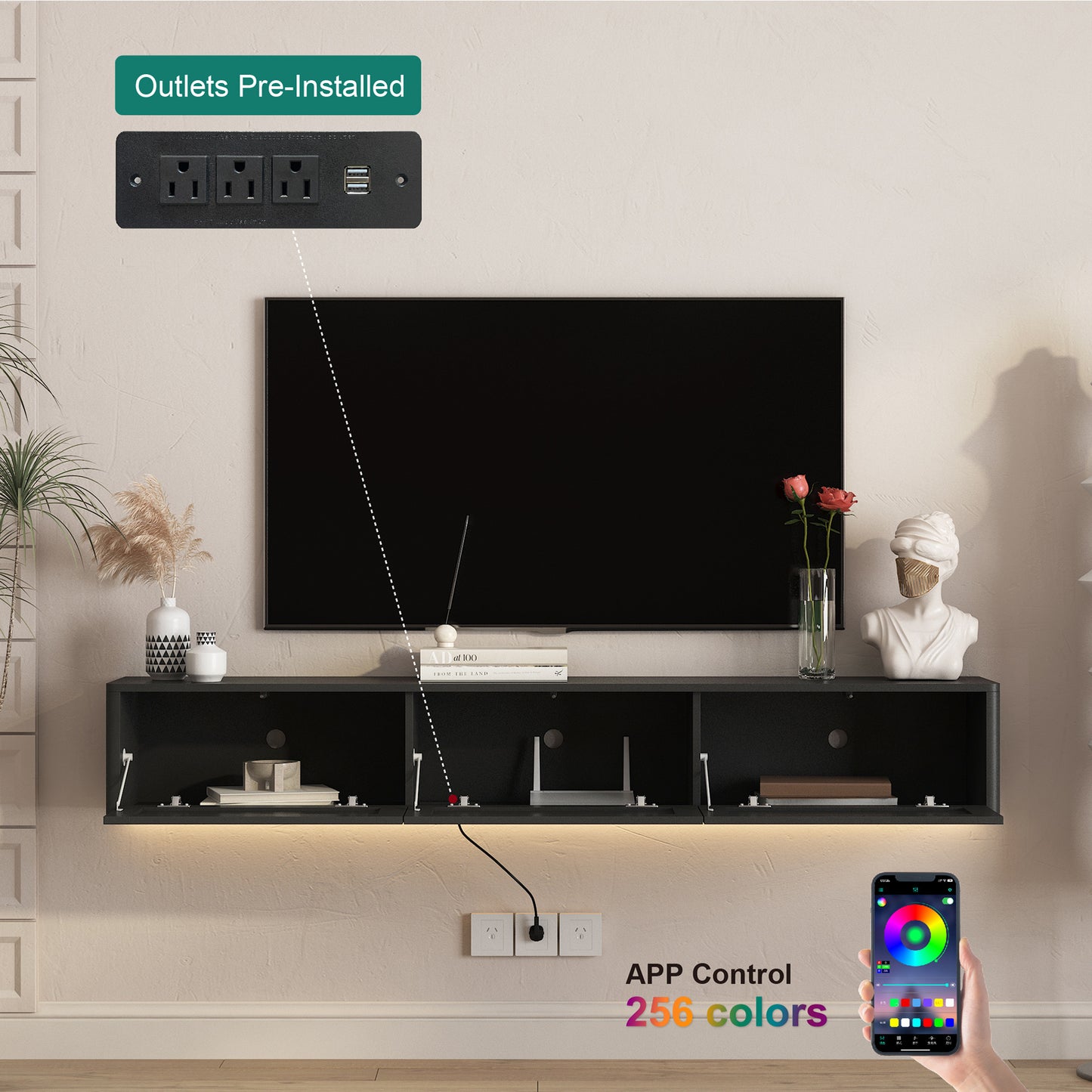 Floating TV Stand, Wall Mounted TV Shelf With Led Lights & Power Outlet,High Gloss TV Cabinet For Black Tv Stands For Living Room