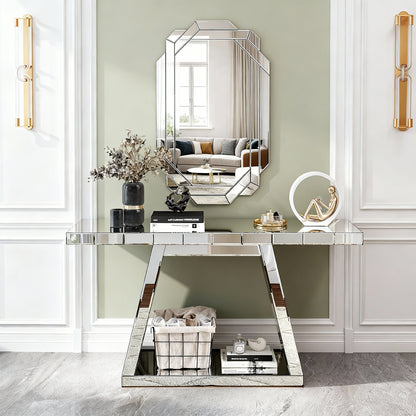 55.9 Modern Luxe Full-Body Mirror Entryway Table With Trapezoid Base -360 Reflective Console Table, Sturdy Wooden Frame, Scratch-Resistant Design & Open Storage For Hallway, Living Room, Staircase