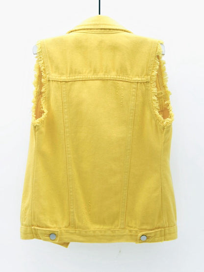 Full Size Button Down Raw Hem Sleeveless Denim Jacket Plus Size