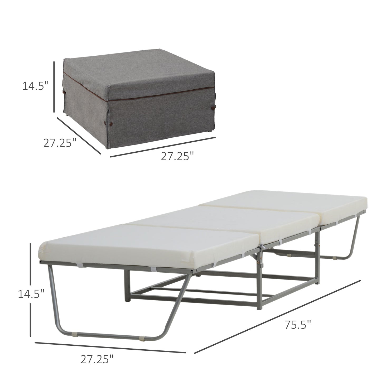 Convertible Ottoman, Guest Sleeper Bed, Gray