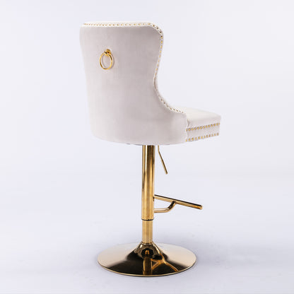 AA Furniture,Thick Golden Swivel Velvet Barstools Adjusatble Seat Height From 27-35 Inch, Modern Upholstered Bar Stools With Backs Comfortable Tufted For Home Pub And Kitchen Island Beige,Set Of 2