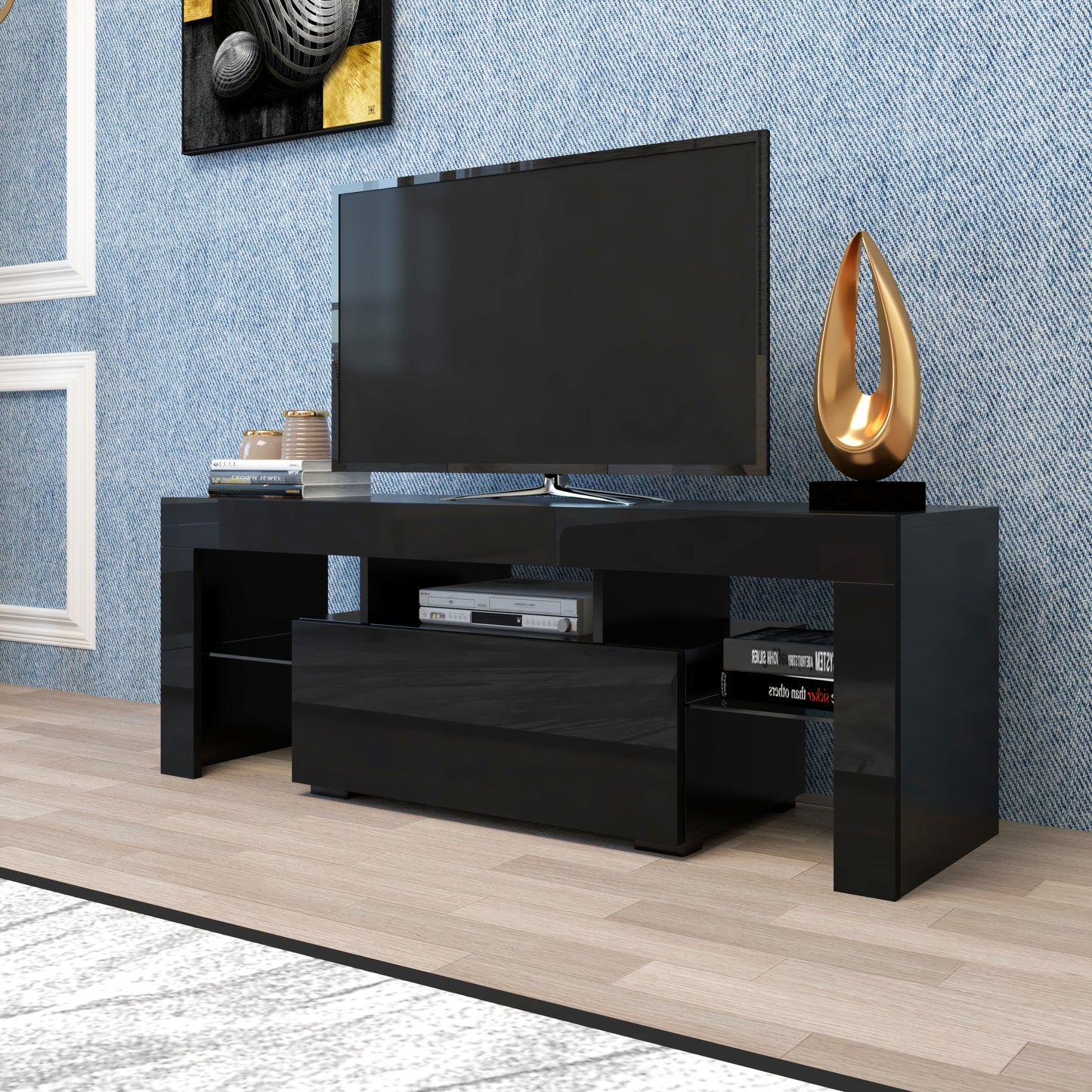 Black TV Stand With LED RGB Lights,Flat Screen TV Cabinet, Gaming Consoles - In Lounge Room, Living Room And Bedroom Black