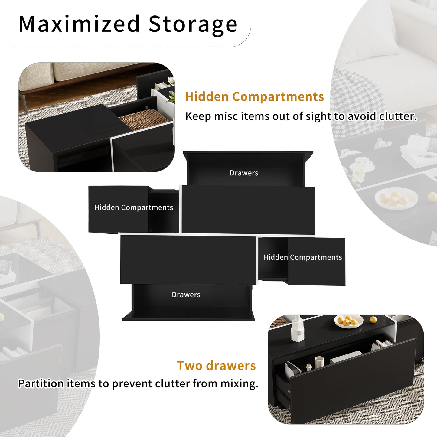 U-Can 47.2 -72.7  Extendable Coffee Table, Multi-Functional Coffee Table With High-Gloss Finish, Coffee Table With 2 Hidden Storage Space And 2 Drawers For Living Room