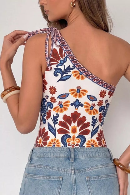 Floral Print One-Shoulder Tie Bodysuit