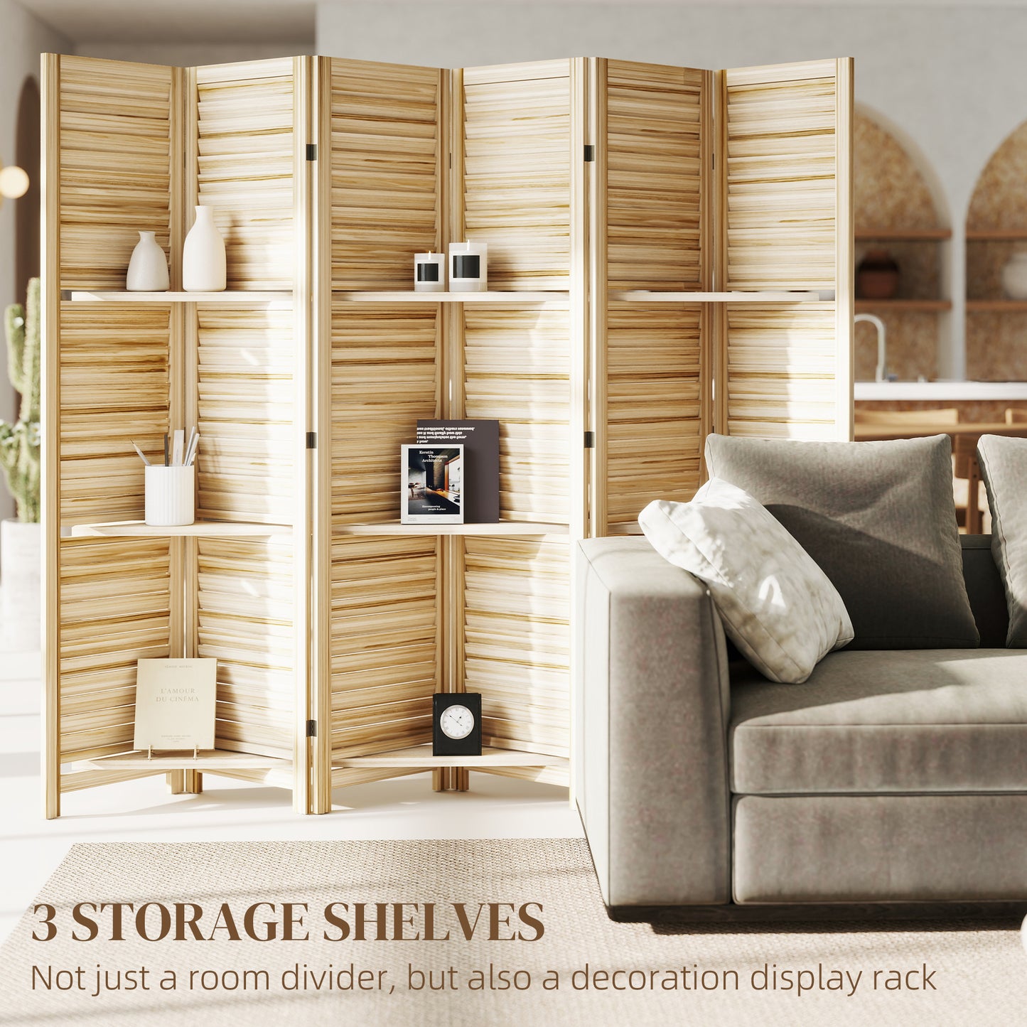 6 Panel 67" Tall Wood Privacy Screen Room Divider with 3 Shelves and Folding Storage for Bedroom, Natural Wood