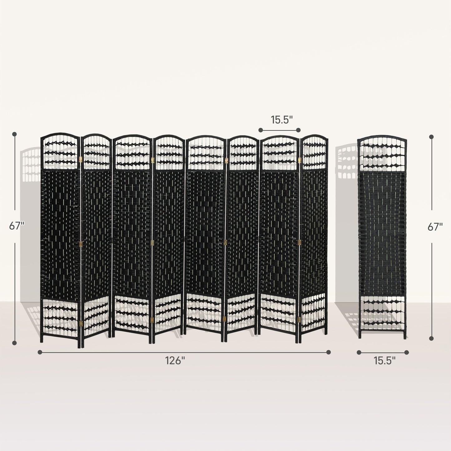 8 Panel Folding Room Divider Portable Privacy Screen Wave Fiber Room Partition for Home Office Black