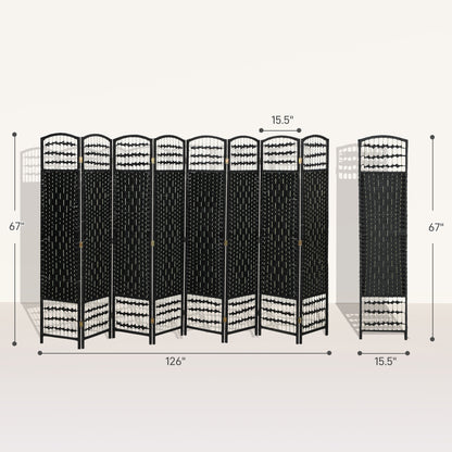 8 Panel Folding Room Divider Portable Privacy Screen Wave Fiber Room Partition for Home Office Black