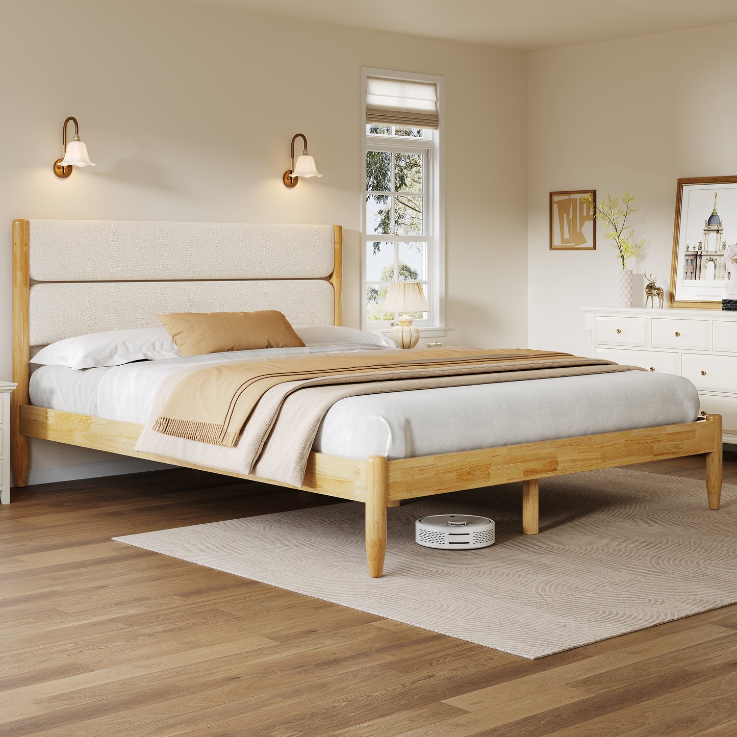 Queen Size Solid Wood Bed Frame With Fleece Upholstered Headboard, Ivory
