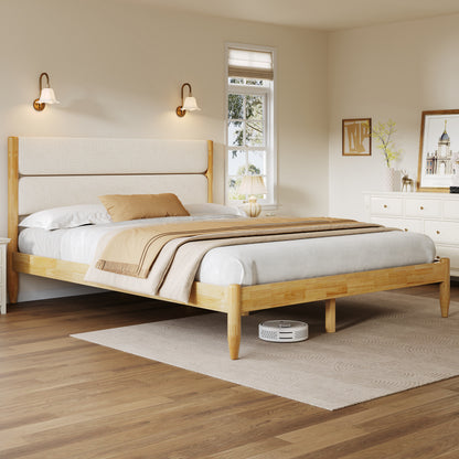 Queen Size Solid Wood Bed Frame With Fleece Upholstered Headboard, Ivory