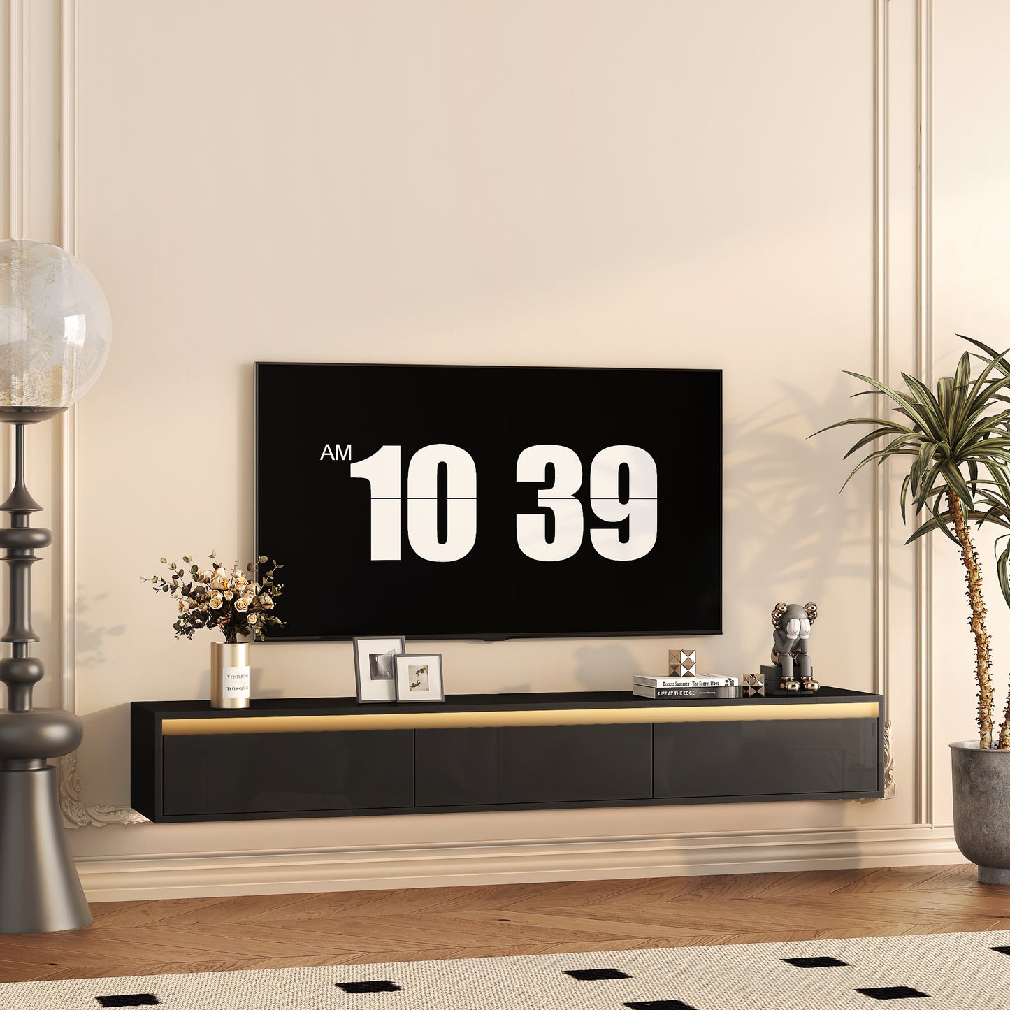 Floating TV Stand, Wall Mounted TV Shelf With Led Lights & Power Outlet,High Gloss TV Cabinet For Black Tv Stands For Living Room