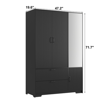 4 Doors Wardrobe Closet With Mirror, LED Wardrobe With Doors And 2 Drawers, Wooden Wardrobe Storage Cabinet With Hanging Rod, Adjustable Shelves, Black