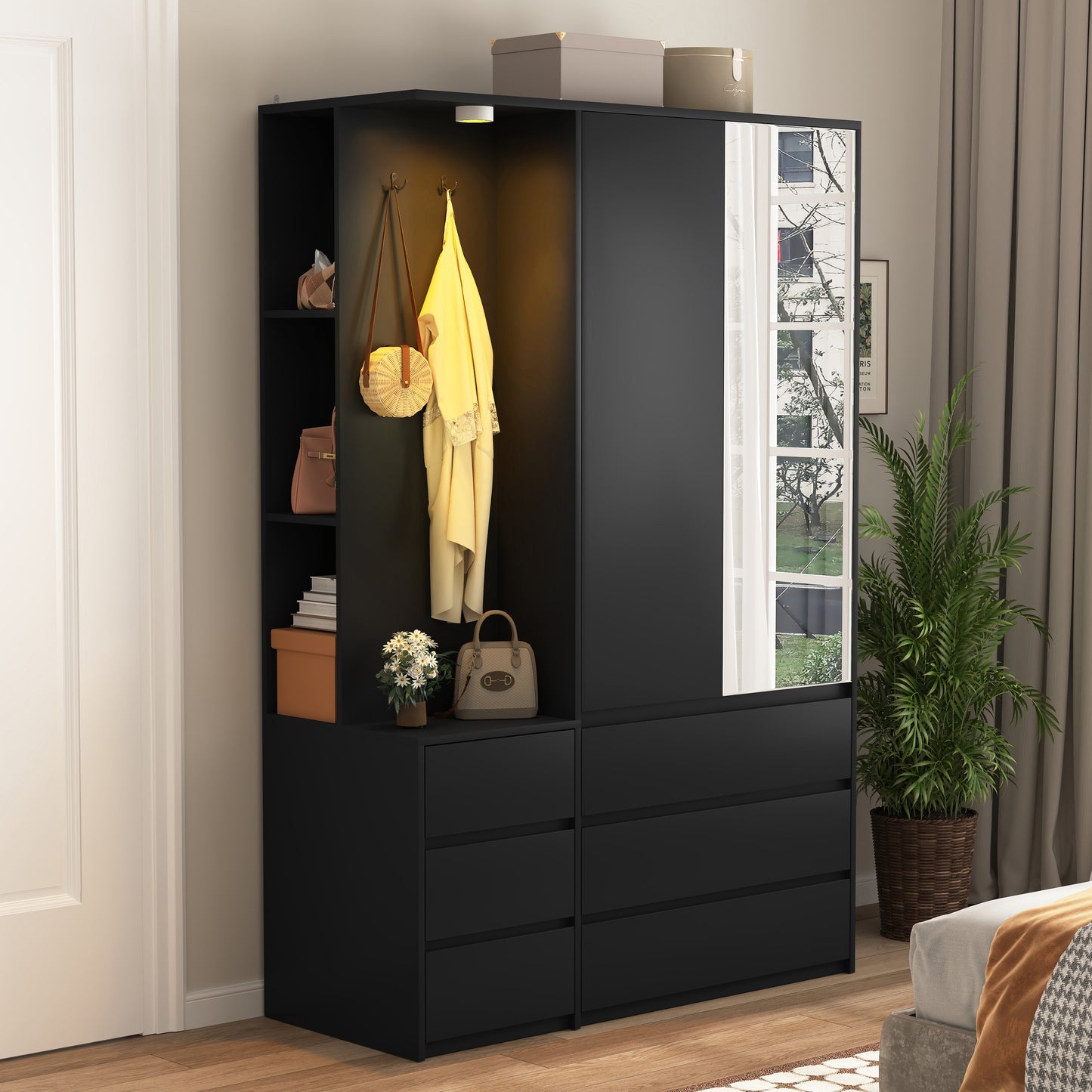 Wardrobe Closet 71.7 H, Bedroom Wooden Wardrobe With 2 Doors 6 Drawers, Modern Clothing Storage Cabinet Combination With Storage Shelves And Hanging Rail, Black