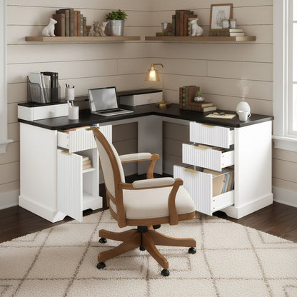 59 Modern Fluted L-Shaped Desk With Charging Station  Storage Cabinet - Home Office Computer Desk With Monitor Stand, File Drawer And Removable Support Shelf For Study, Home Office, White
