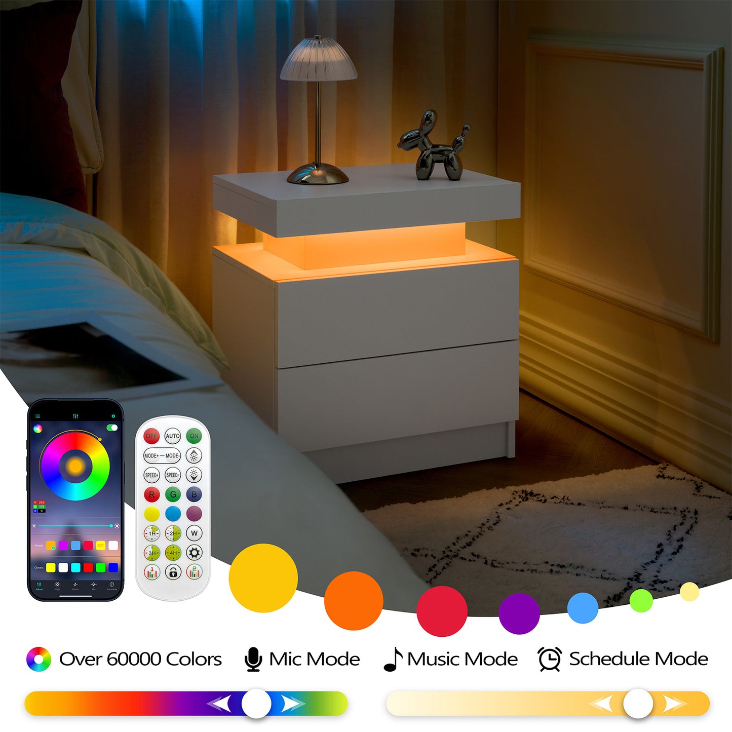 Nightstand LED Bedside Table Cabinet Lights Modern End Side With 2 Drawers For Bedroom White