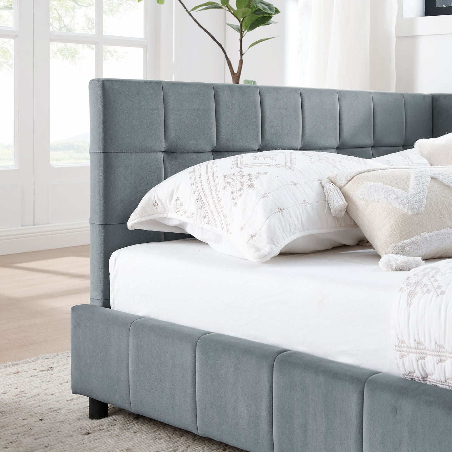 Queen Size Upholstered Tufted Bed Frame, Sofa Bed Frame With Comfortable Backrest And Armrests, Queen Size Bed For Bedroom, Living Room,Velvet, GREY 85.5x64.5x30.5