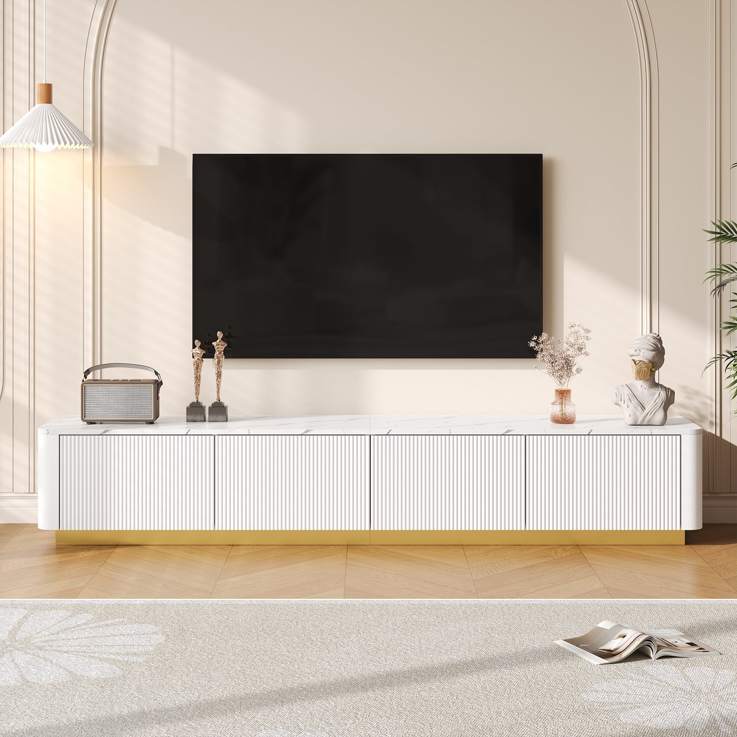 ON-TREND Luxury Fluted TV Stand For TVs Up To 85, Faux Marble Tabletop Media Console With 4 Drawers, Curved Profile Design, Modern Entertainment Center With Gold Base For Living Room, White