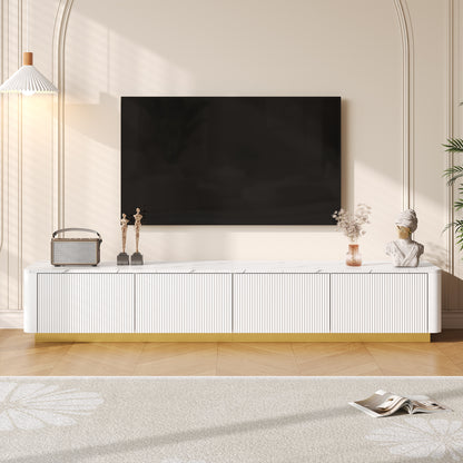 ON-TREND Luxury Fluted TV Stand For TVs Up To 85, Faux Marble Tabletop Media Console With 4 Drawers, Curved Profile Design, Modern Entertainment Center With Gold Base For Living Room, White