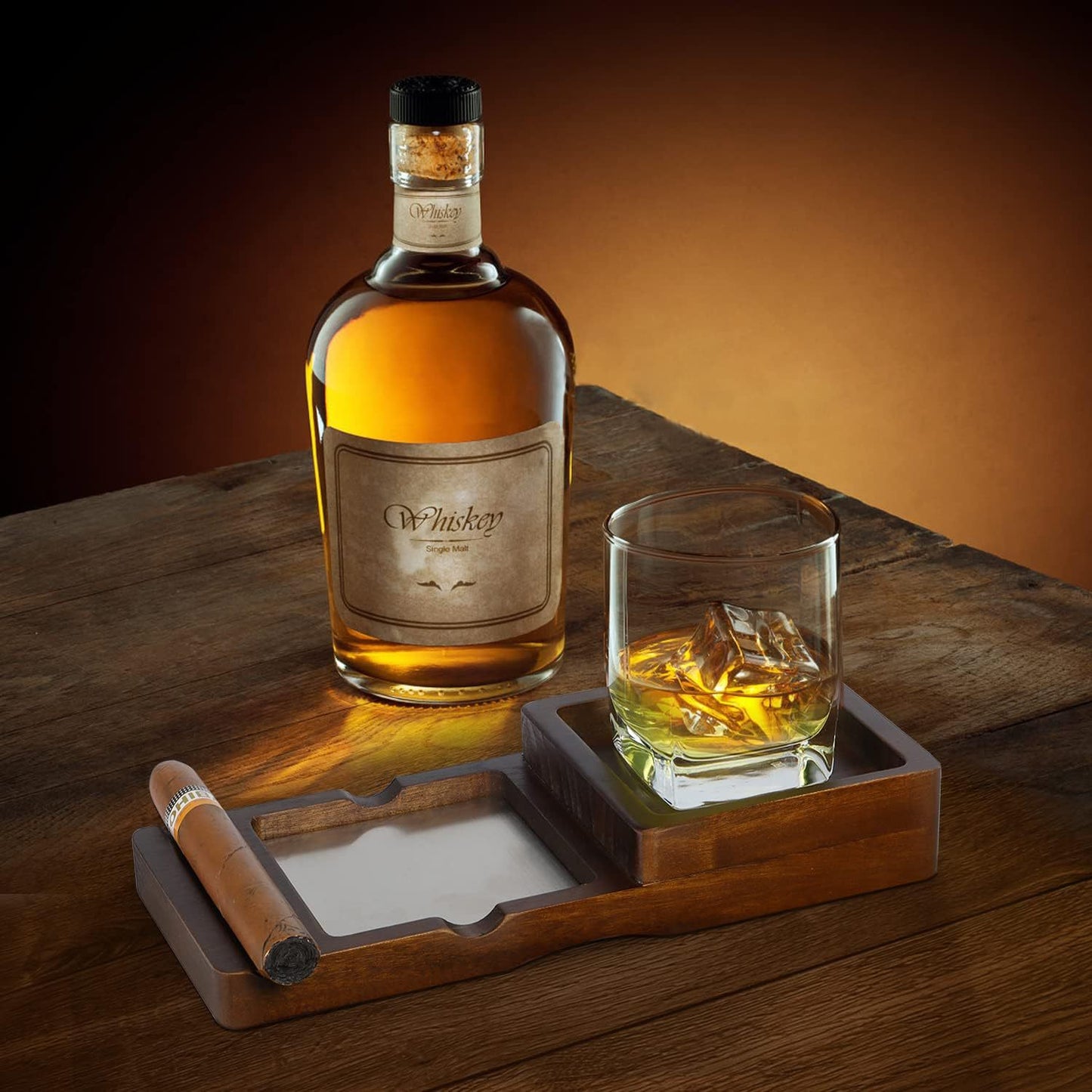 Solid Wood Cigar Ashtray With Drawer And Whiskeycigar Tray
