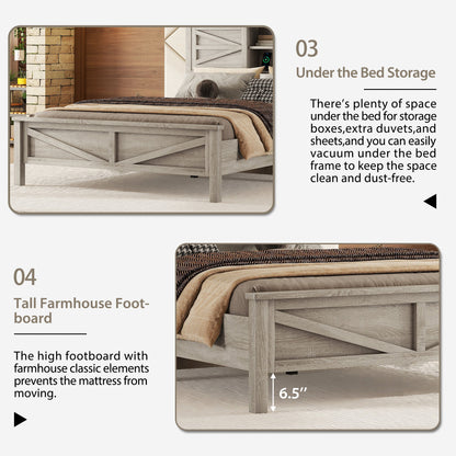 3-Pieces Bedroom Sets Queen Size Farmhouse Platform Bed With Double Sliding Door Storage Headboard And Charging Station, Storage Nightstand And Dresser, Antique Gray