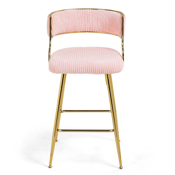 (SET Of 2) 26'' Counter Height Bar Stools Corduroy Kitchen Island Counter Bar Stool With Back,golden Chromed Base And Footrest (PINK)