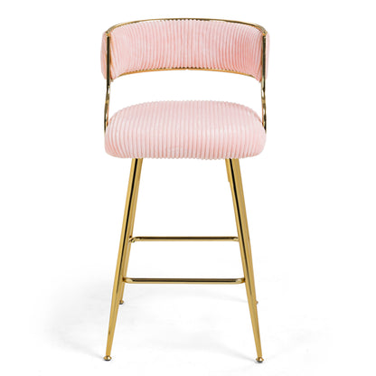 (SET Of 2) 26'' Counter Height Bar Stools Corduroy Kitchen Island Counter Bar Stool With Back,golden Chromed Base And Footrest (PINK)