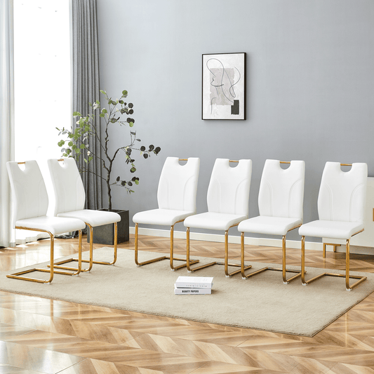 White PU Dining Chair Set.Uniquely Designed White Dining Chairs. PU Material, Paired With Gold Metal Chair Legs. Suitable For Offices, Restaurants, Kitchens, Conference Rooms, Etc. Set Of 6