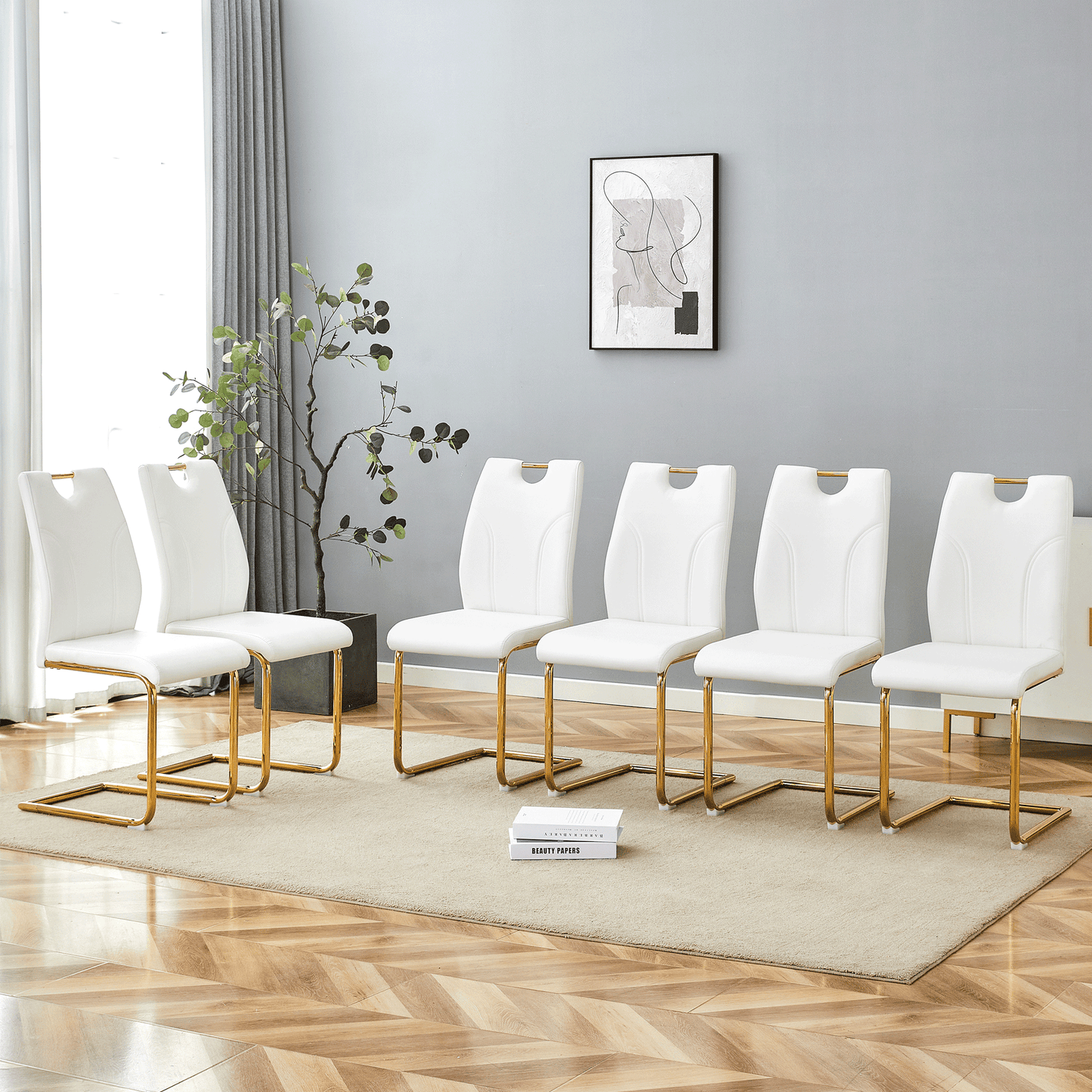 White PU Dining Chair Set.Uniquely Designed White Dining Chairs. PU Material, Paired With Gold Metal Chair Legs. Suitable For Offices, Restaurants, Kitchens, Conference Rooms, Etc. Set Of 6